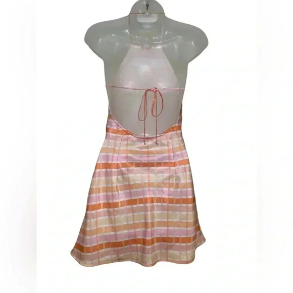 Nia Halter Mini Dress NWOT Satin Look Plaid Orange Pink Size S Sample - Picture 3 of 5